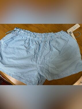 Blue Striped Women’s Elastic-Waist Shorts- color blue charm. Size 12-14